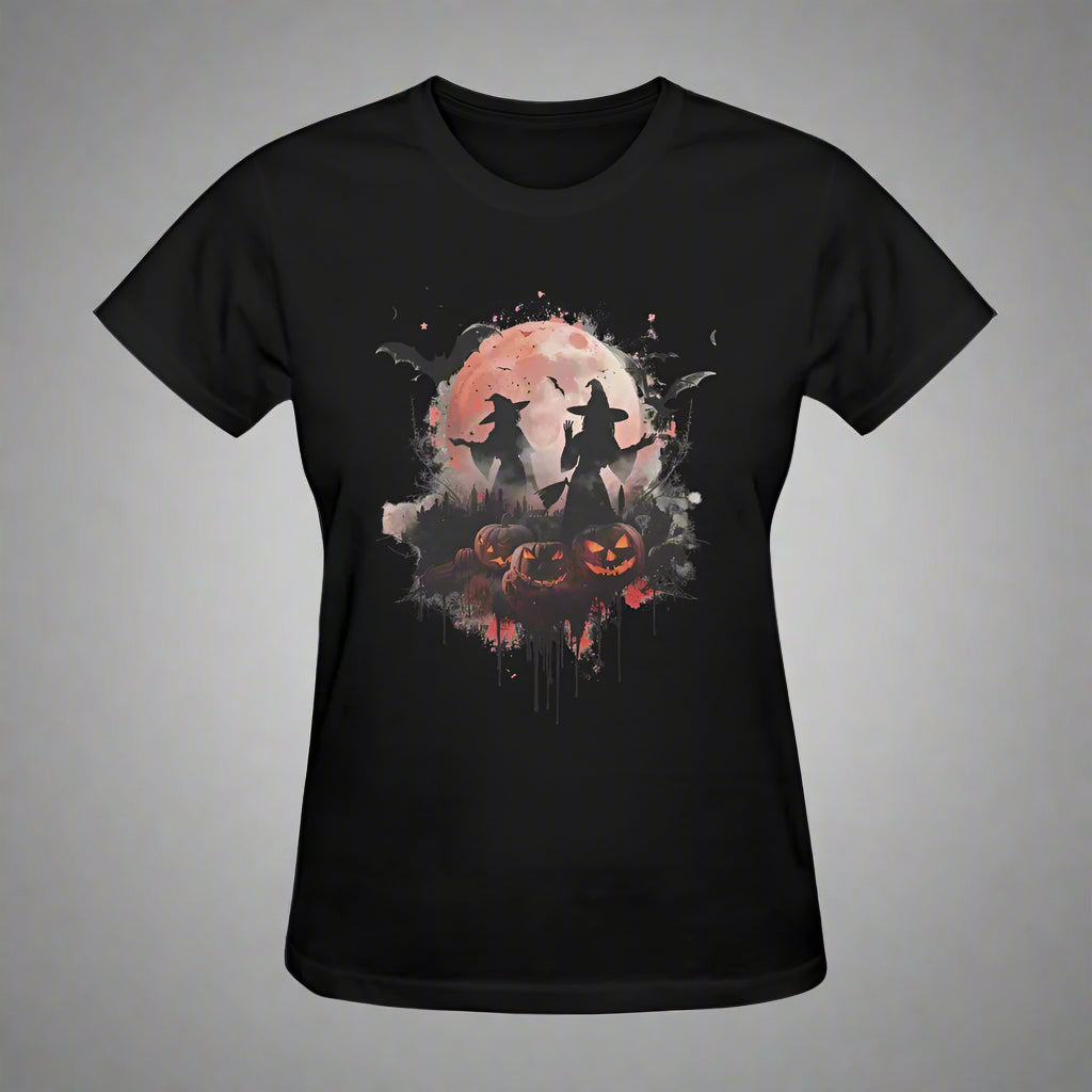 Black t-shirt with Halloween-themed design featuring pumpkins and a full moon on a white background.