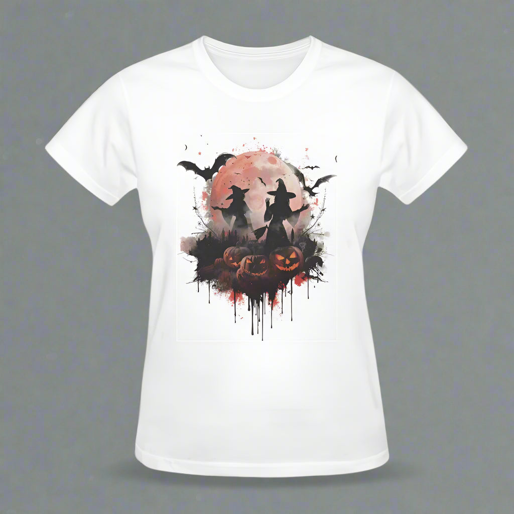 White t-shirt with Halloween-themed design featuring pumpkins and bats on a white background