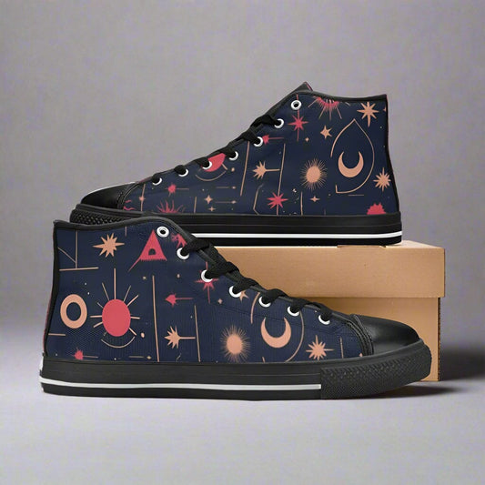 Celestial Canvas High Tops - Gold & Red Starry Night Edition Women's High Top Canvas Shoes (017) Savvishly Savvique