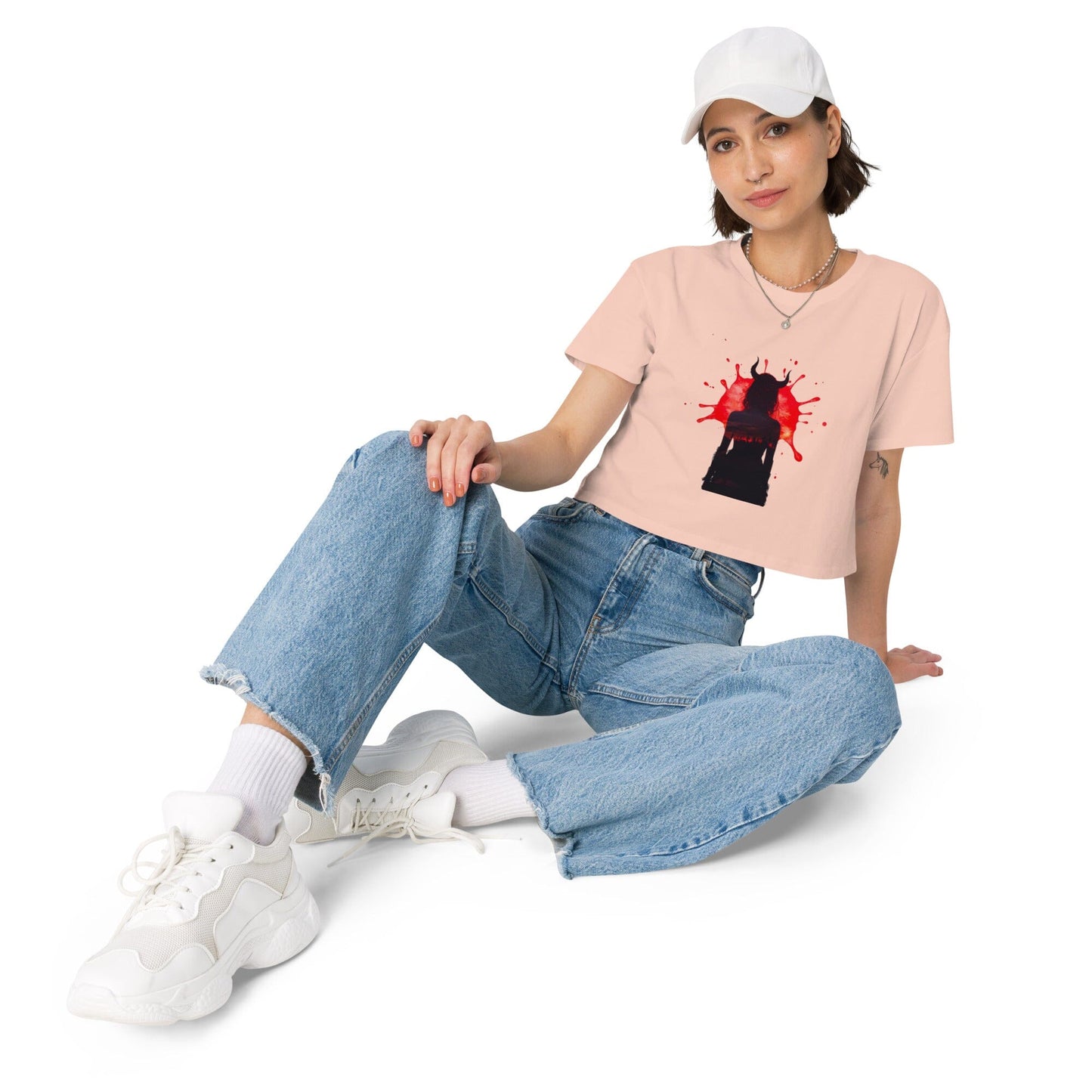 Devil Silhouette Women's Crop Top - Gothic Halloween Design Crop Tops Savvishly Savvique Pale Pink XS