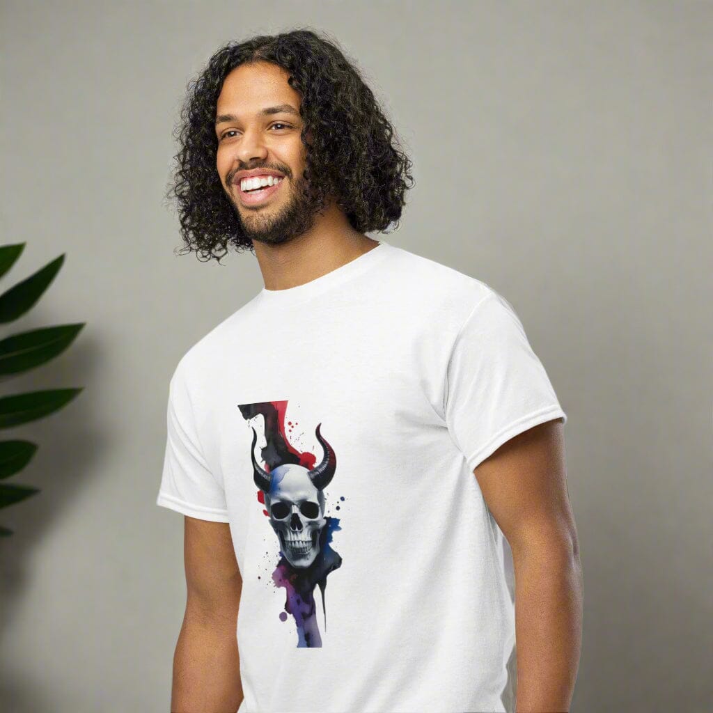 Horned Skull T-Shirt - Dark Design with Paint Splash Effect Clothing Savvishly Savvique