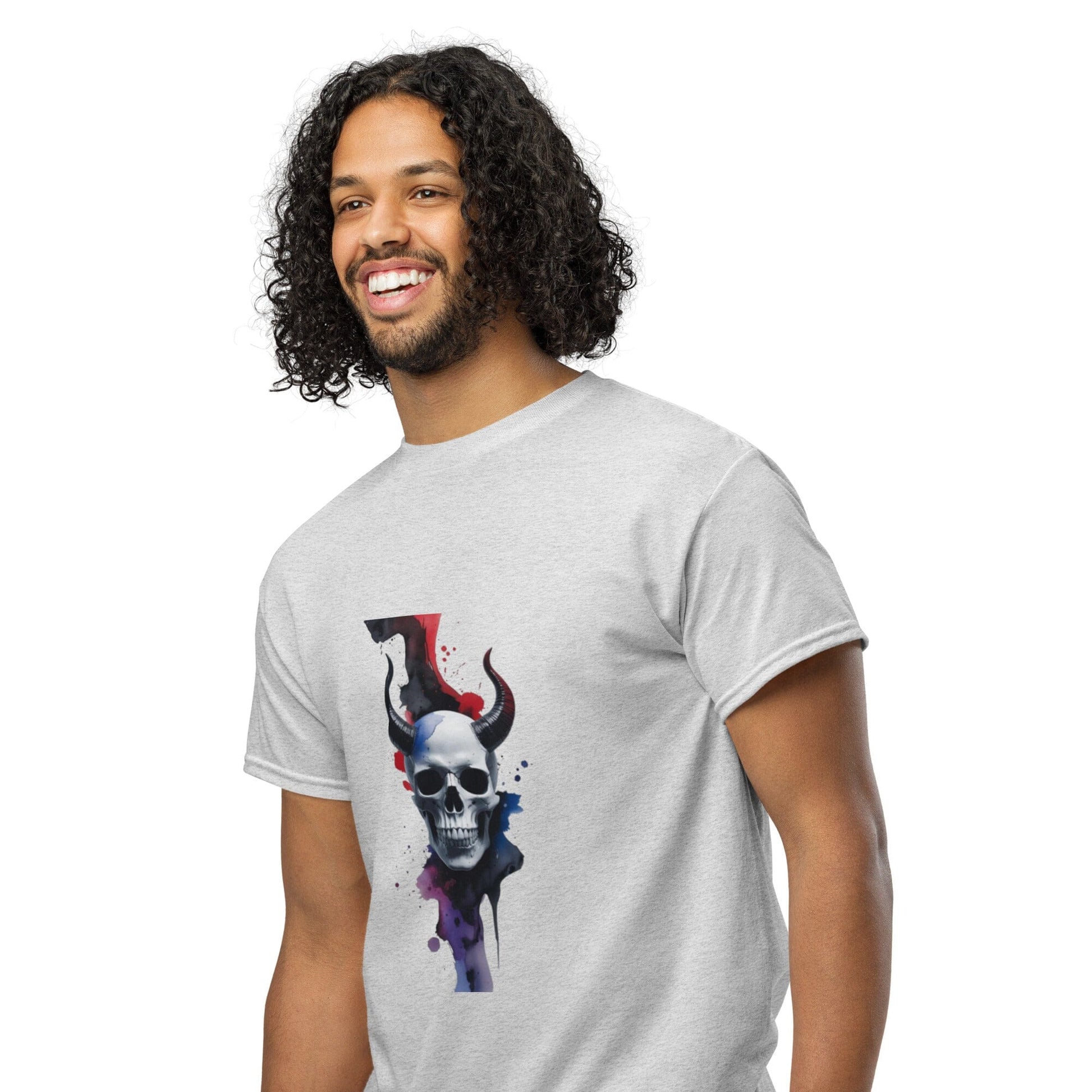 Horned Skull T-Shirt - Dark Design with Paint Splash Effect Clothing Savvishly Savvique