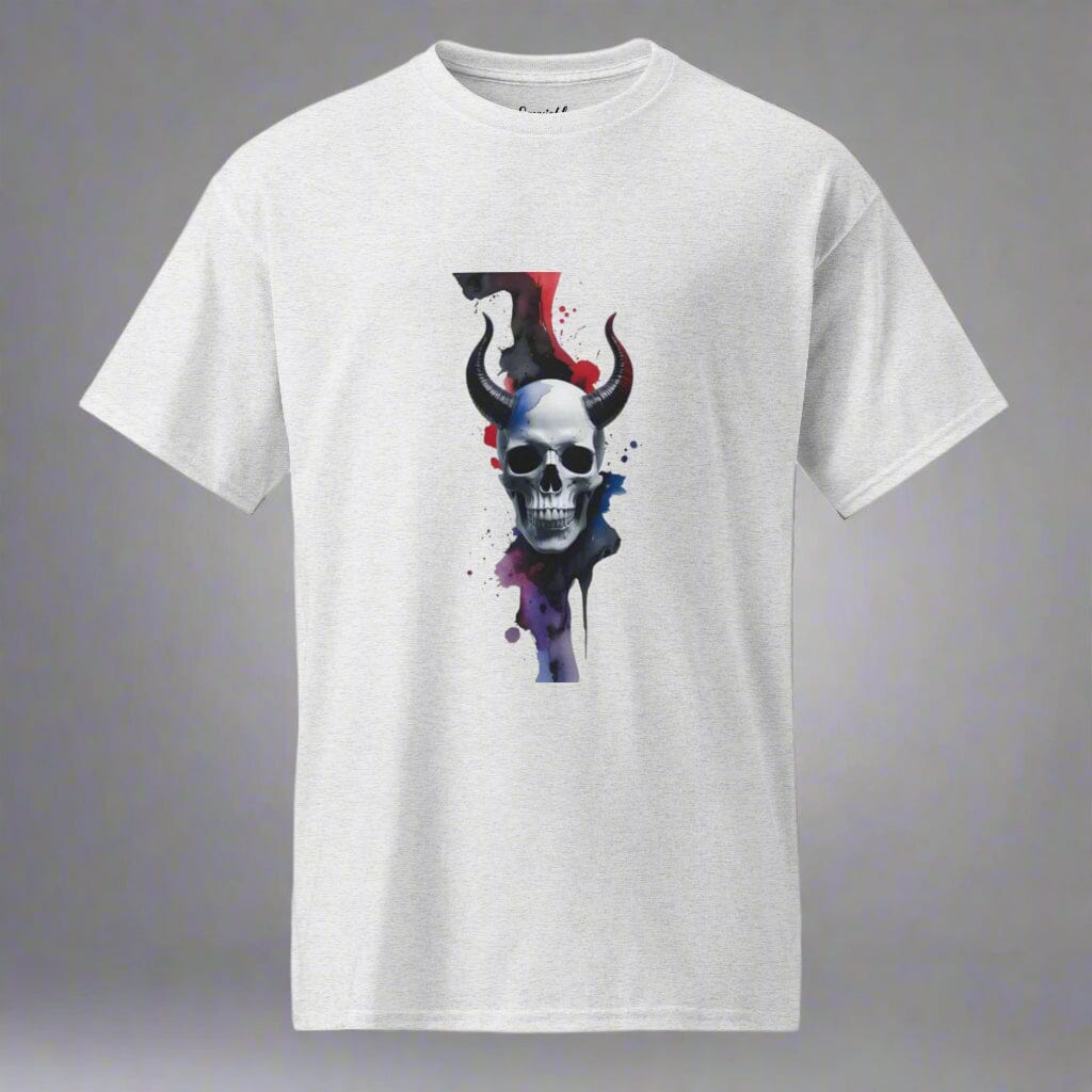 Horned Skull T-Shirt - Dark Design with Paint Splash Effect Clothing Savvishly Savvique Ash S