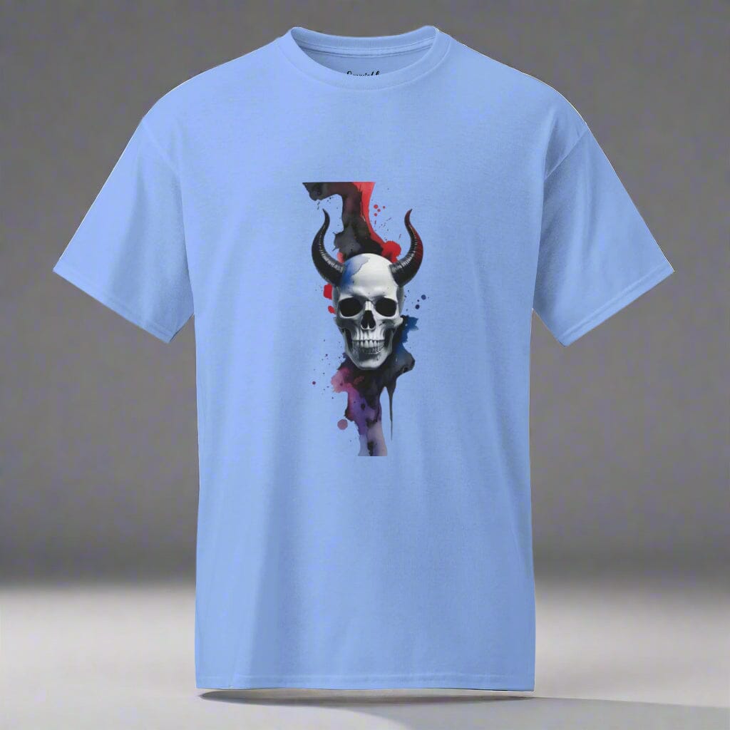 Horned Skull T-Shirt - Dark Design with Paint Splash Effect Clothing Savvishly Savvique Carolina Blue S