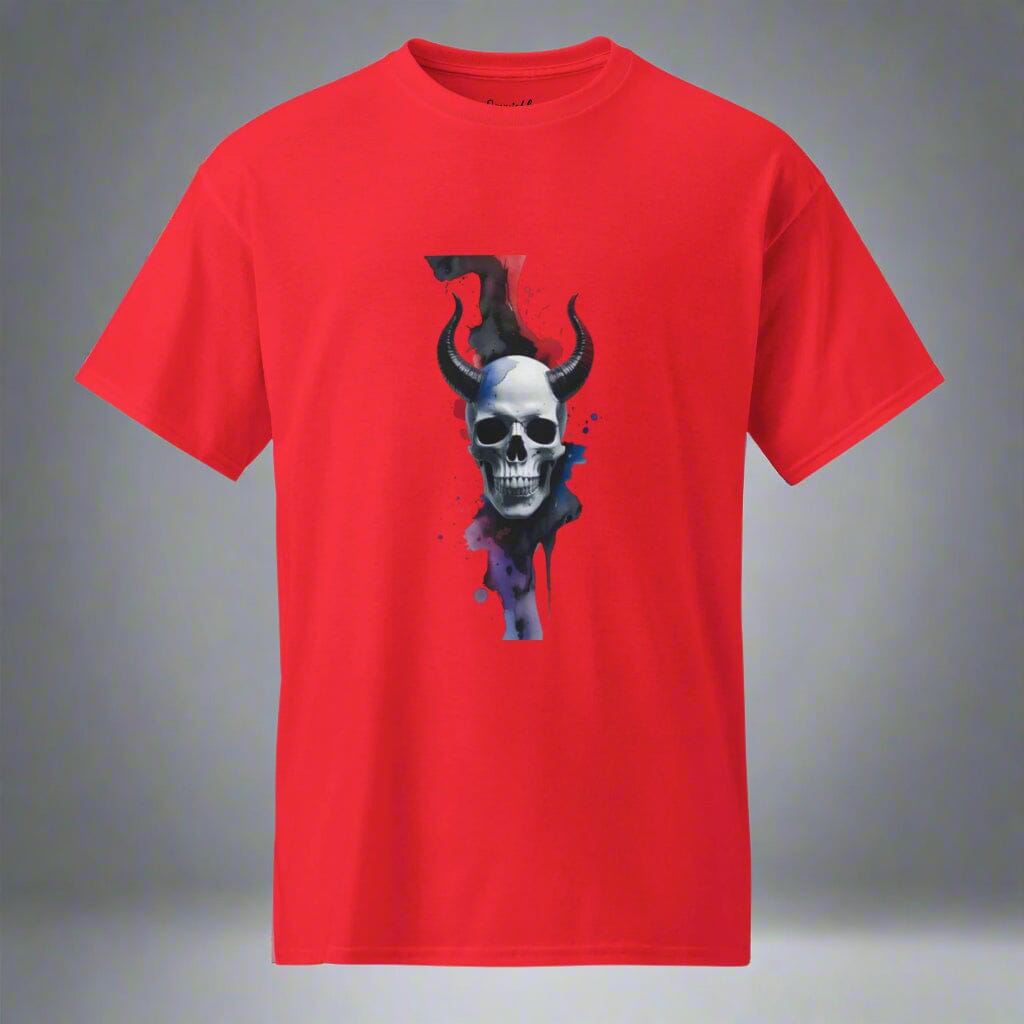 Horned Skull T-Shirt - Dark Design with Paint Splash Effect Clothing Savvishly Savvique Red S