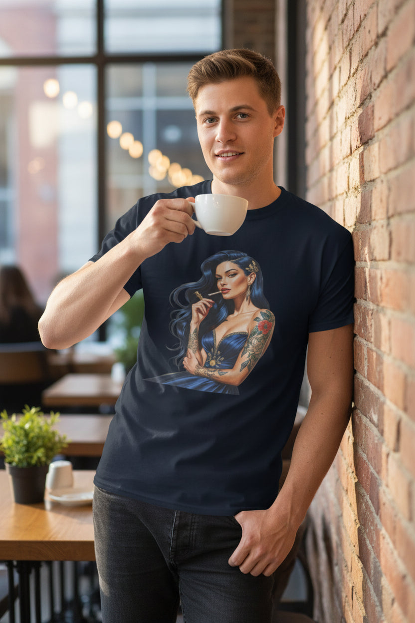 Man wearing a navy blue t-shirt with a graphic design of a lady with tattoos.