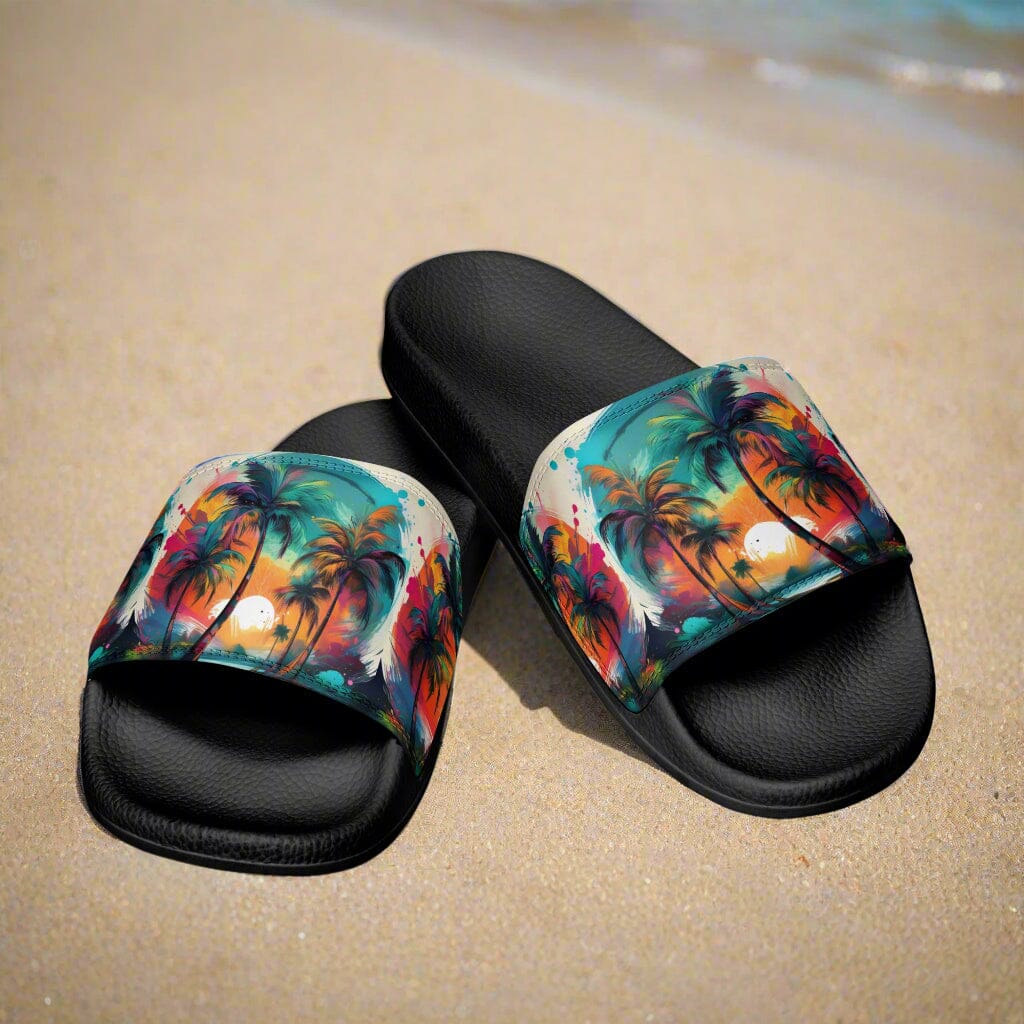 Palm Tree Beach Slides - Handmade Tropical Design Footwear Savvishly Savvique Black 6.5