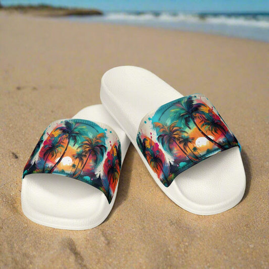 Palm Tree Beach Slides - Handmade Tropical Design Footwear Savvishly Savvique White 6.5