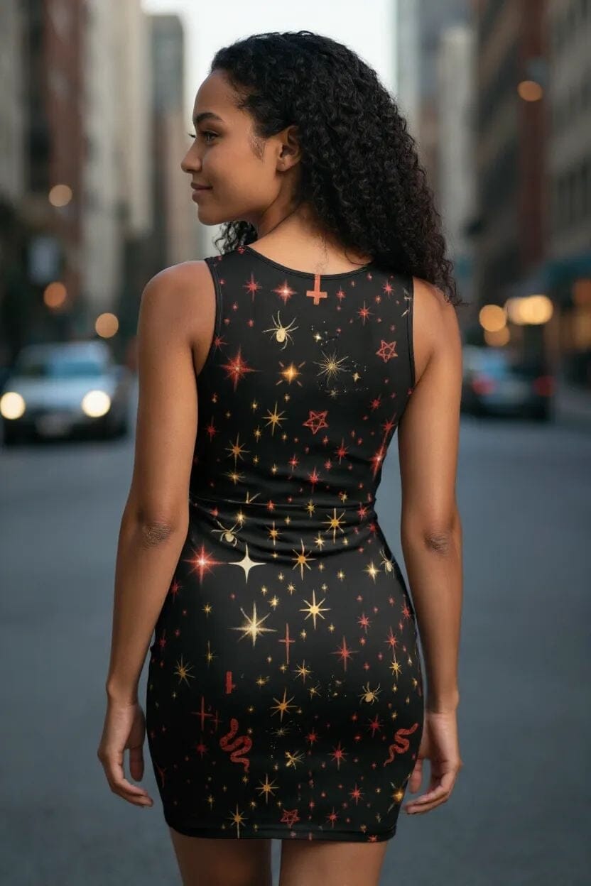 Red & Gold Symbol Mash Up Halloween Bodycon Dress Bodycon Dresses Savvishly Savvique