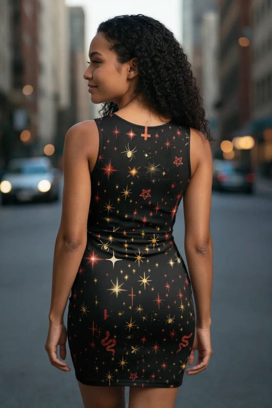 Red & Gold Symbol Mash Up Halloween Bodycon Dress Bodycon Dresses Savvishly Savvique