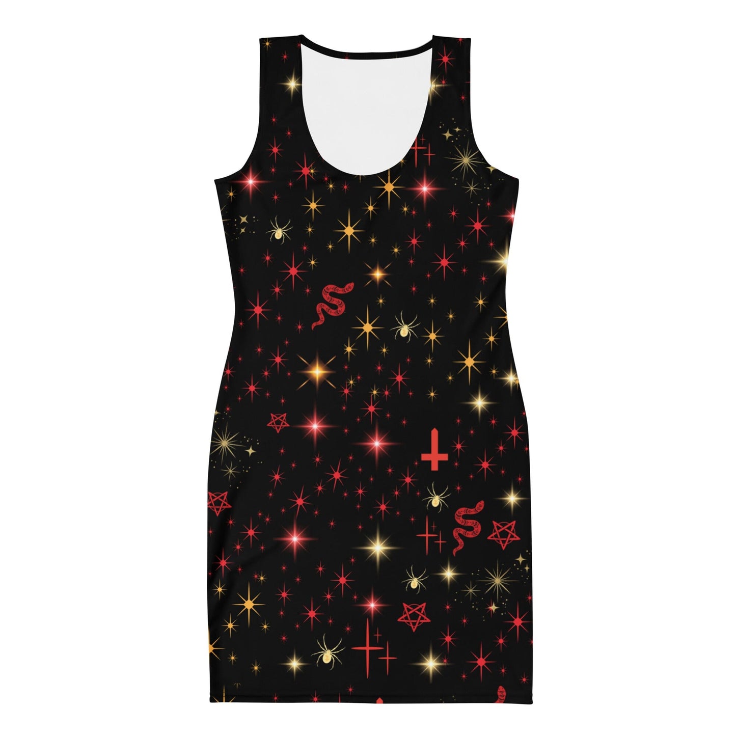 Red & Gold Symbol Mash Up Halloween Bodycon Dress Bodycon Dresses Savvishly Savvique XS