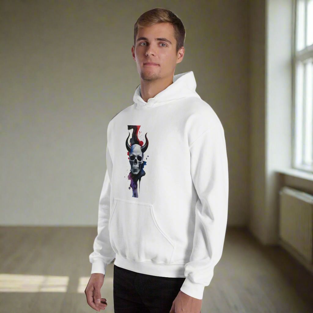 Skull with Devil Horns Hoodie - Paint Splash back Design Clothing Savvishly Savvique