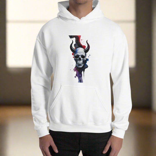 Skull with Devil Horns Hoodie - Paint Splash back Design Clothing Savvishly Savvique White S
