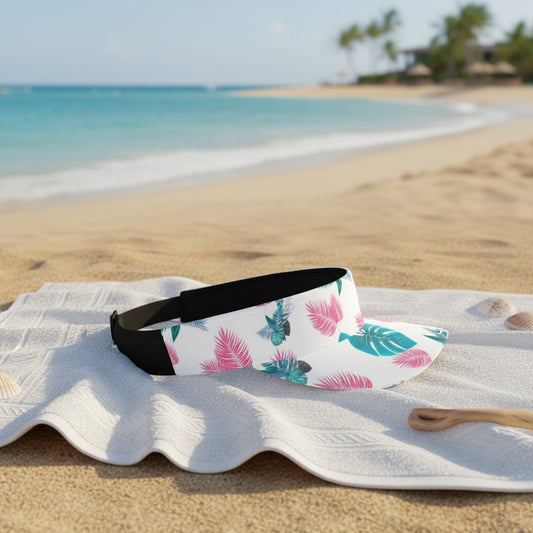 White sun visor with black elastic strap with colorful leaf pattern on a white towel with a beach background