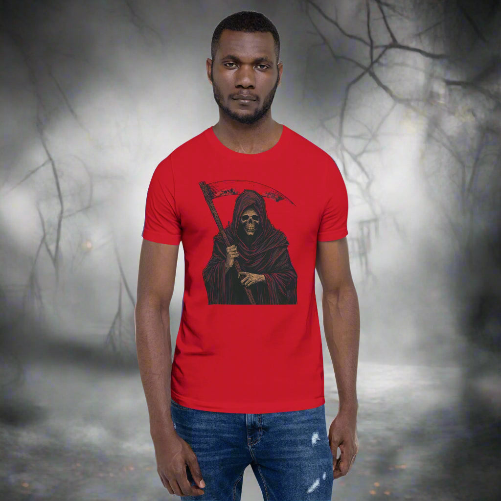 Man wearing a red t-shirt with a graphic design on a white background
