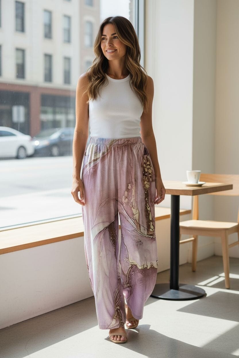 Wide Leg Harem Pants - Dusty Pink Marble & Gold Pants . Savvishly Savvique white S