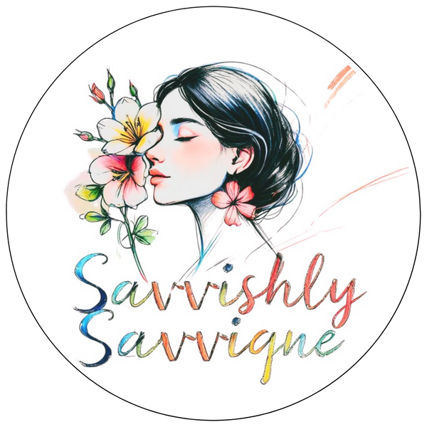 Circular logo with a stylized illustration of a woman's face, flowers, and the brand name 'Savvishly Savvigue' on a white background.