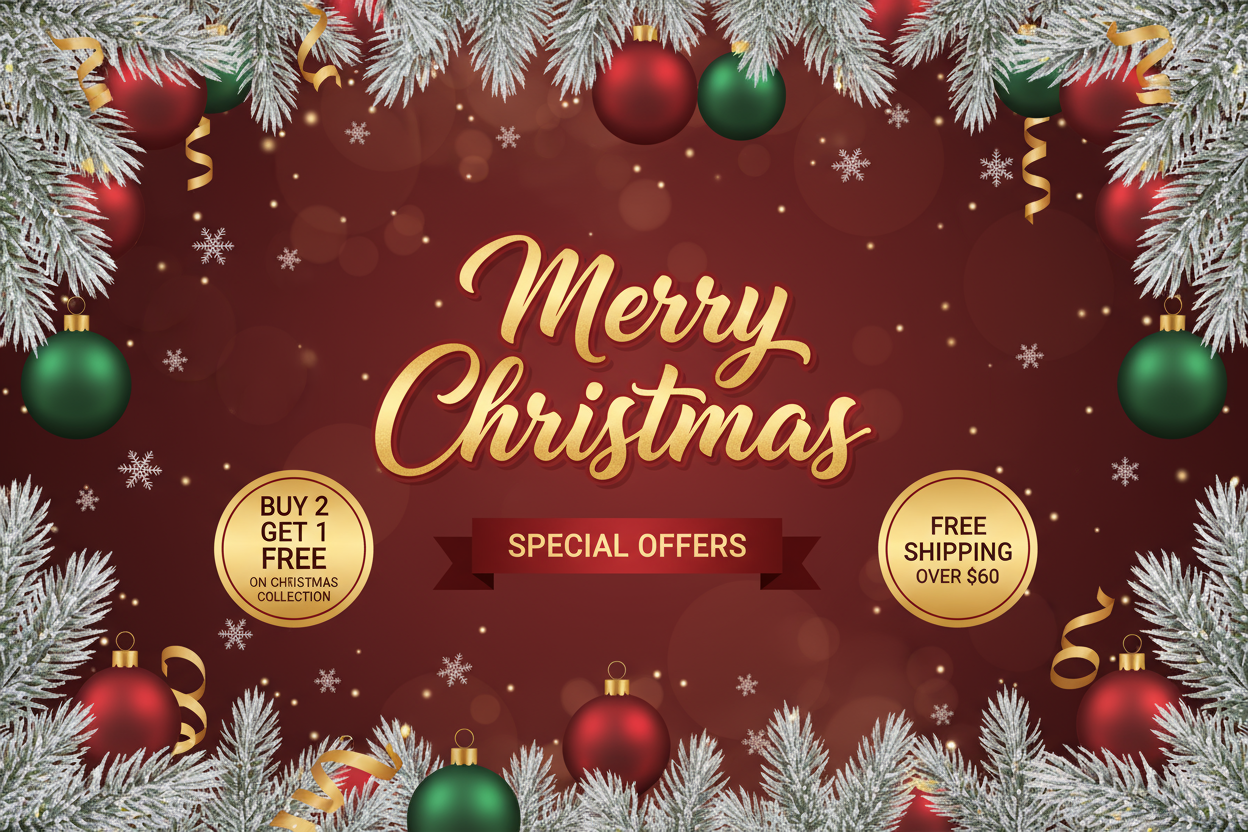 A christmas banner announcing merry christmas and that theres specials and a but 2 get one free deal on the christmas collection free shipping over 60