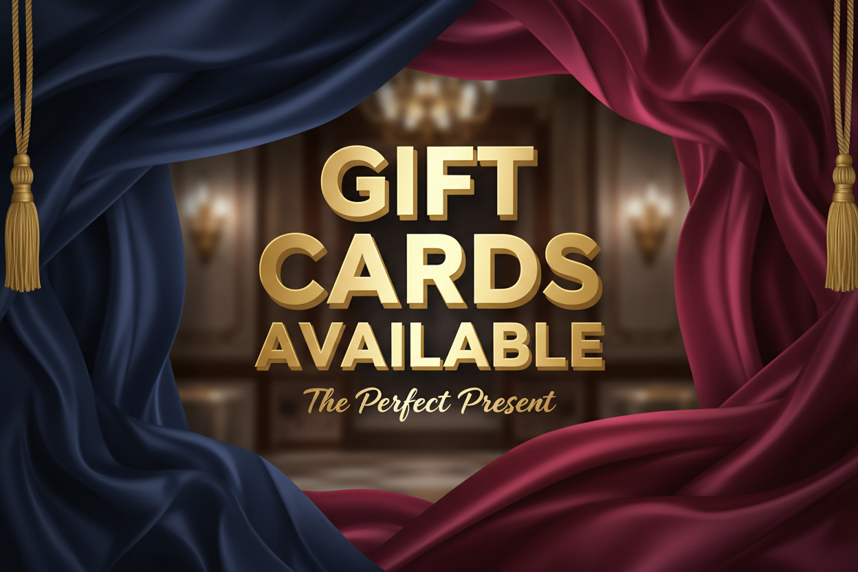 Gift cards available text in gold on red and blue velvet curtains.