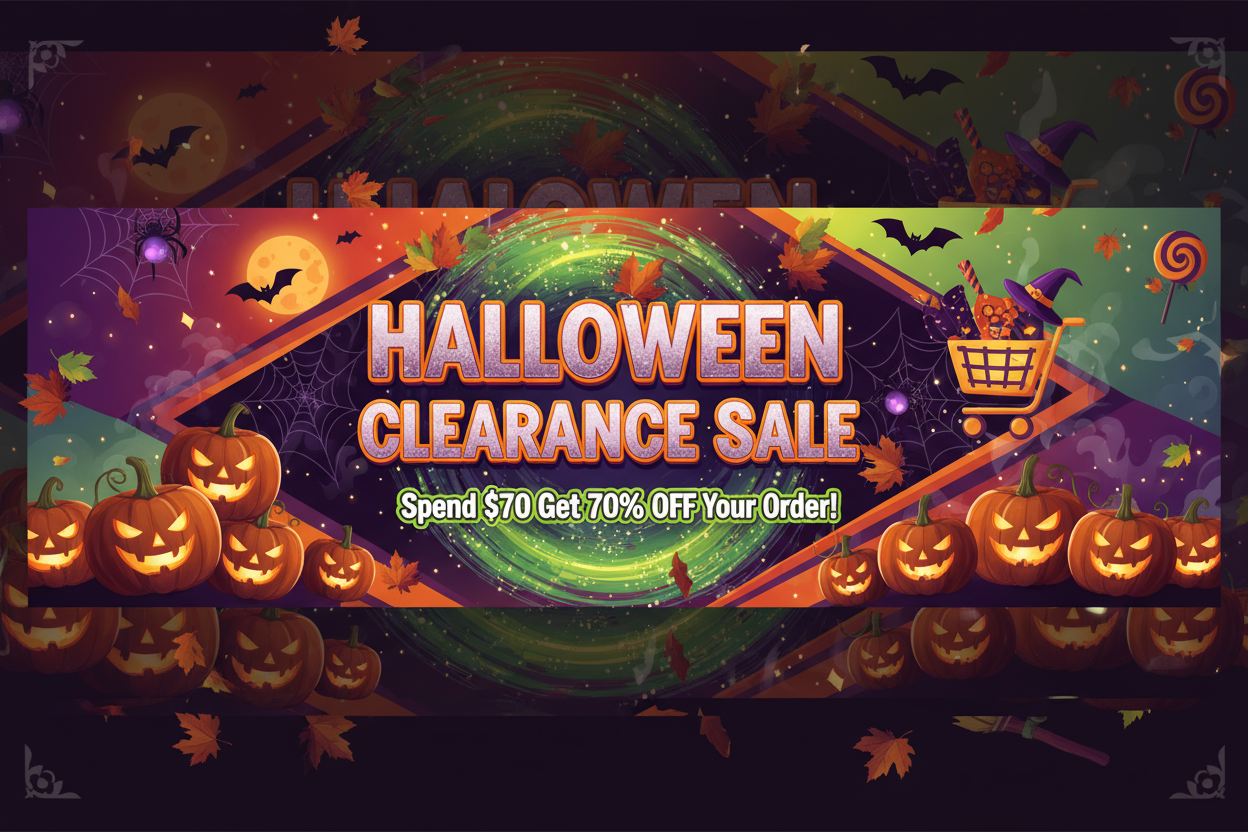 A vibrant home page banner tha is about Halloween clearance sale if you spend $70 you get 70% off your order!