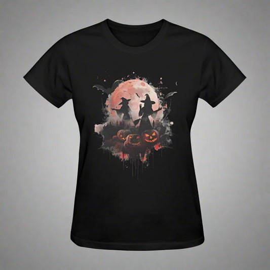 Black t-shirt with Halloween-themed design featuring pumpkins and a full moon on a white background.