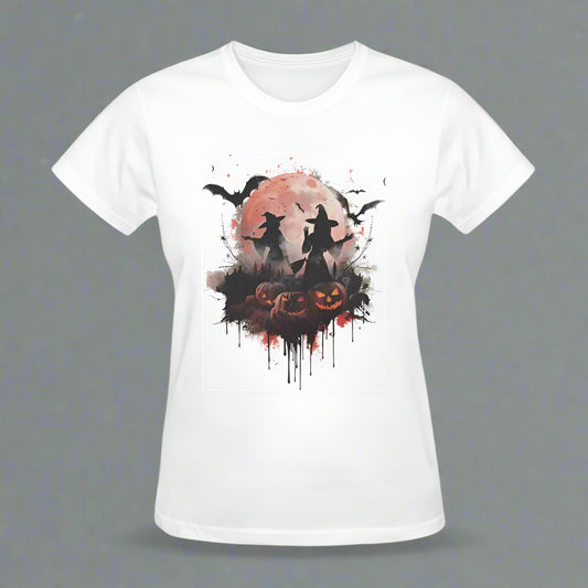 White t-shirt with Halloween-themed design featuring pumpkins and bats on a white background