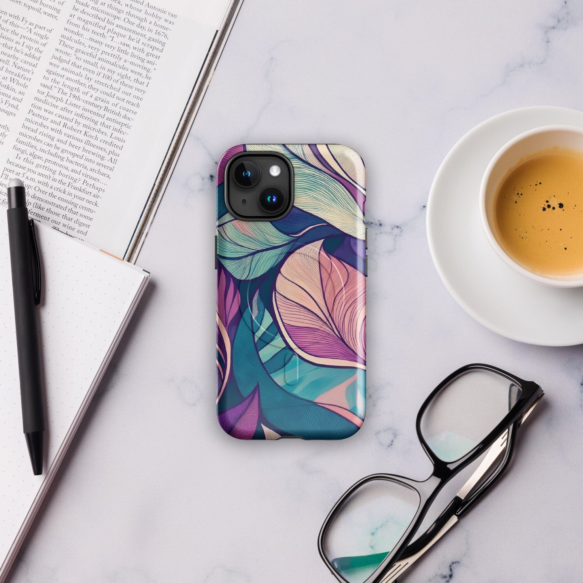Botanical Geometric MagSafe iPhone Case - Pink Green Blue Design Phone Accessories Savvishly Savvique Glossy iPhone 14 