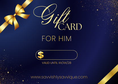 Gift card for him with gold bow and text on a dark blue background