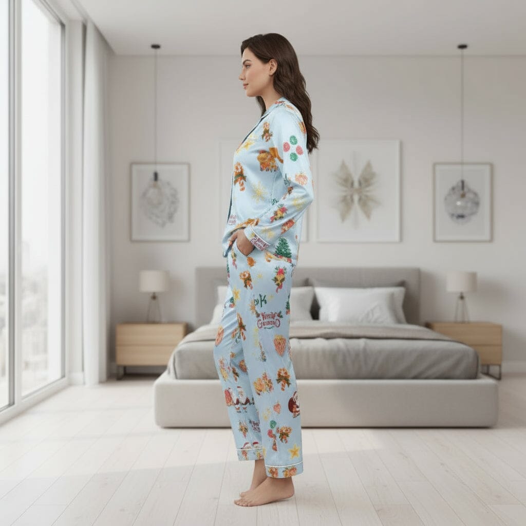 Christmas Satin Pajama Set - Women's Long Sleeve Festive Sleepwear Sleepwear Savvishly Savvique 