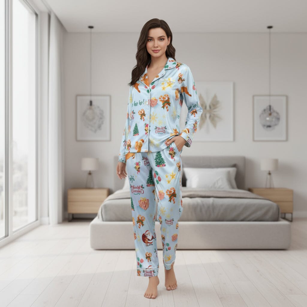 Christmas Satin Pajama Set - Women's Long Sleeve Festive Sleepwear Sleepwear Savvishly Savvique S 