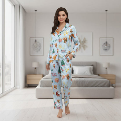 Christmas Satin Pajama Set - Women's Long Sleeve Festive Sleepwear Sleepwear Savvishly Savvique S 