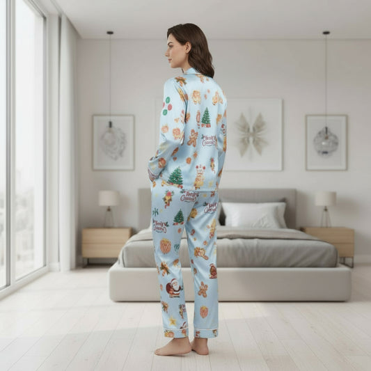 Christmas Silk Pyjamas Women's Long Sleeve Satin Pajama Set Women's Long Sleeve Satin Pajama Set Artsadd 