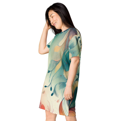 Floral Botanical Beachy T-Shirt Dress - Earthy Green Yellow with Pink Red Accents T-Shirt Dresses Savvishly Savvique 
