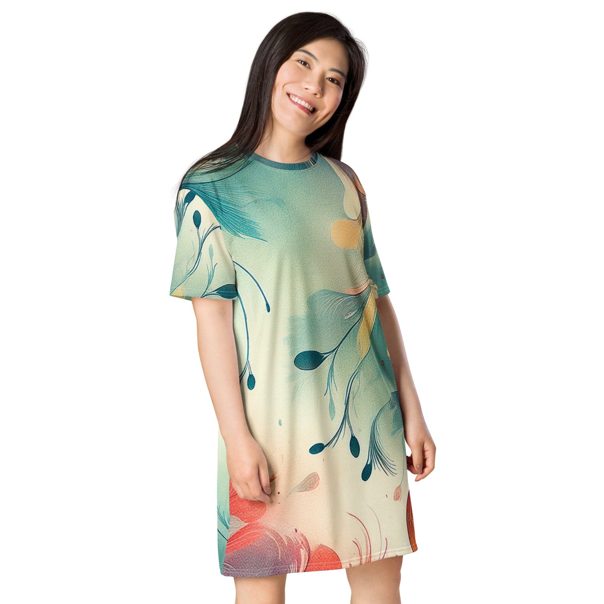 Floral Botanical Beachy T-Shirt Dress - Earthy Green Yellow with Pink Red Accents T-Shirt Dresses Savvishly Savvique 2XS 