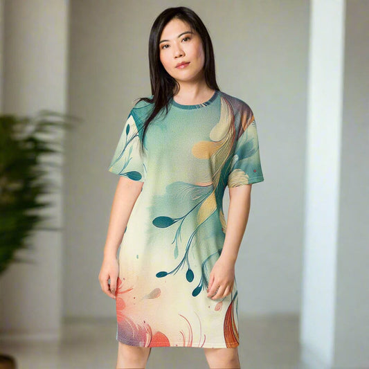 Floral Botanical Beachy T-Shirt Dress - Earthy Green Yellow with Pink Red Accents T-Shirt Dresses Savvishly Savvique 