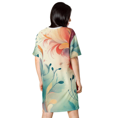 Floral Botanical Beachy T-Shirt Dress - Earthy Green Yellow with Pink Red Accents T-Shirt Dresses Savvishly Savvique 