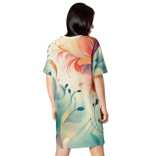 Floral Botanical Beachy T-Shirt Dress - Earthy Green Yellow with Pink Red Accents T-Shirt Dresses Savvishly Savvique 