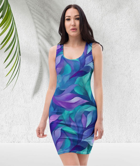 Gym Gal Premium Bodycon Dress - Botanical Geometric Blue Purple Teal Women's Dresses Savvishly Savvique 