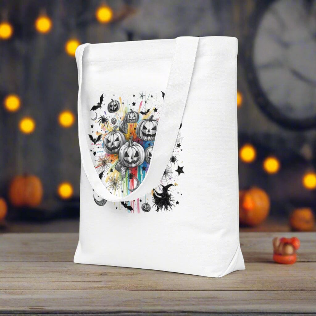 Halloween Art Cotton Tote Bag - Jack O'Lanterns & Rainbow Splash Design Halloween Accessories Savvishly Savvique 