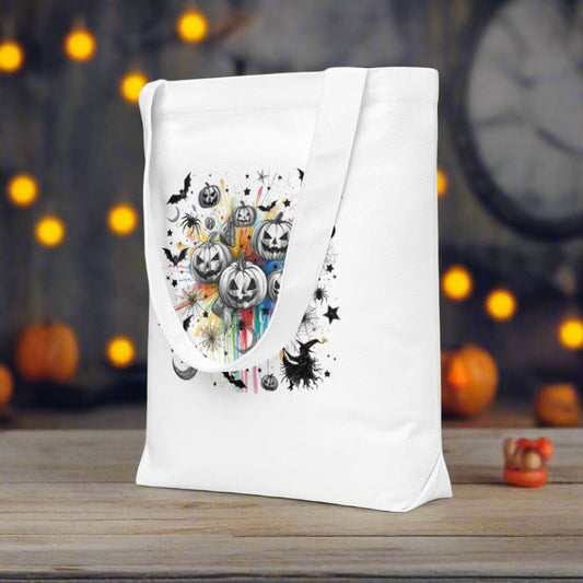 Halloween Art Cotton Tote Bag - Jack O'Lanterns & Rainbow Splash Design Halloween Accessories Savvishly Savvique 