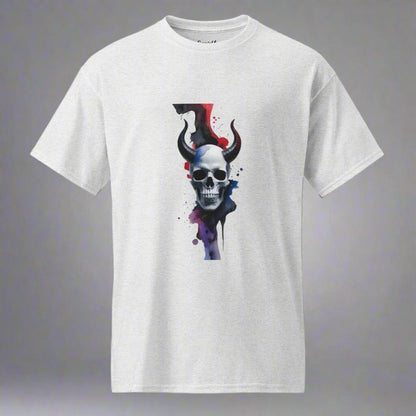 Horned Skull T-Shirt - Dark Design with Paint Splash Effect Clothing Savvishly Savvique Ash S 