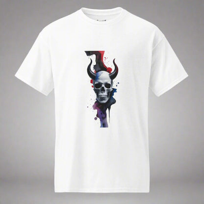 Horned Skull T-Shirt - Dark Design with Paint Splash Effect Clothing Savvishly Savvique White S 