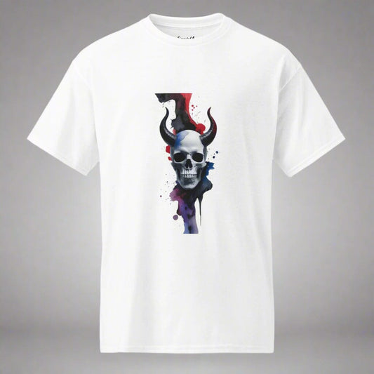 Horned Skull T-Shirt - Dark Design with Paint Splash Effect Clothing Savvishly Savvique White S 