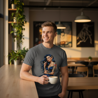 Person wearing a dark gray t-shirt with a graphic design of a woman with blue hair and tattoos.