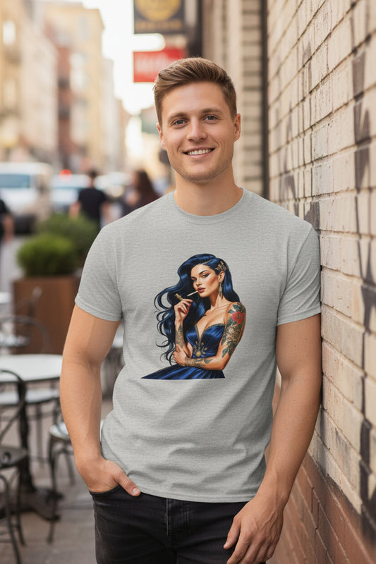 Person wearing a gray t-shirt with a graphic design of a woman in a blue dress.