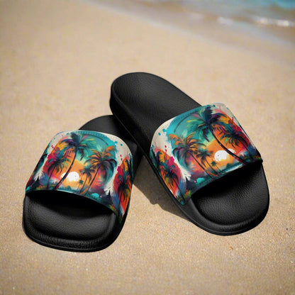 Palm Tree Beach Slides - Handmade Tropical Design Footwear Savvishly Savvique Black 6.5 