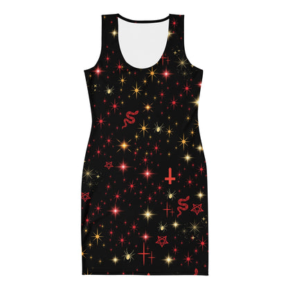 Red & Gold Symbol Mash Up Halloween Bodycon Dress Bodycon Dresses Savvishly Savvique XS 