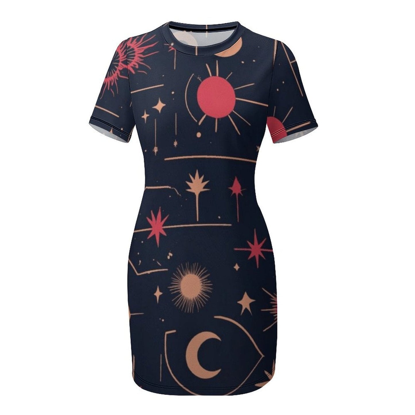 Red Starlight Edition Short Sleeve Dress - Celestial Print Dresses Savvishly Savvique white S 