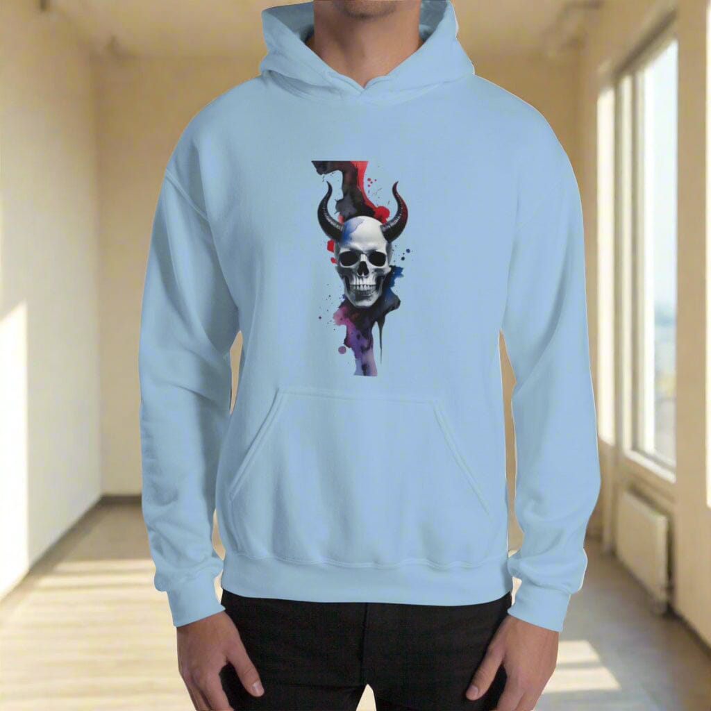 Skull with Devil Horns Hoodie - Paint Splash back Design Clothing Savvishly Savvique Light Blue S 