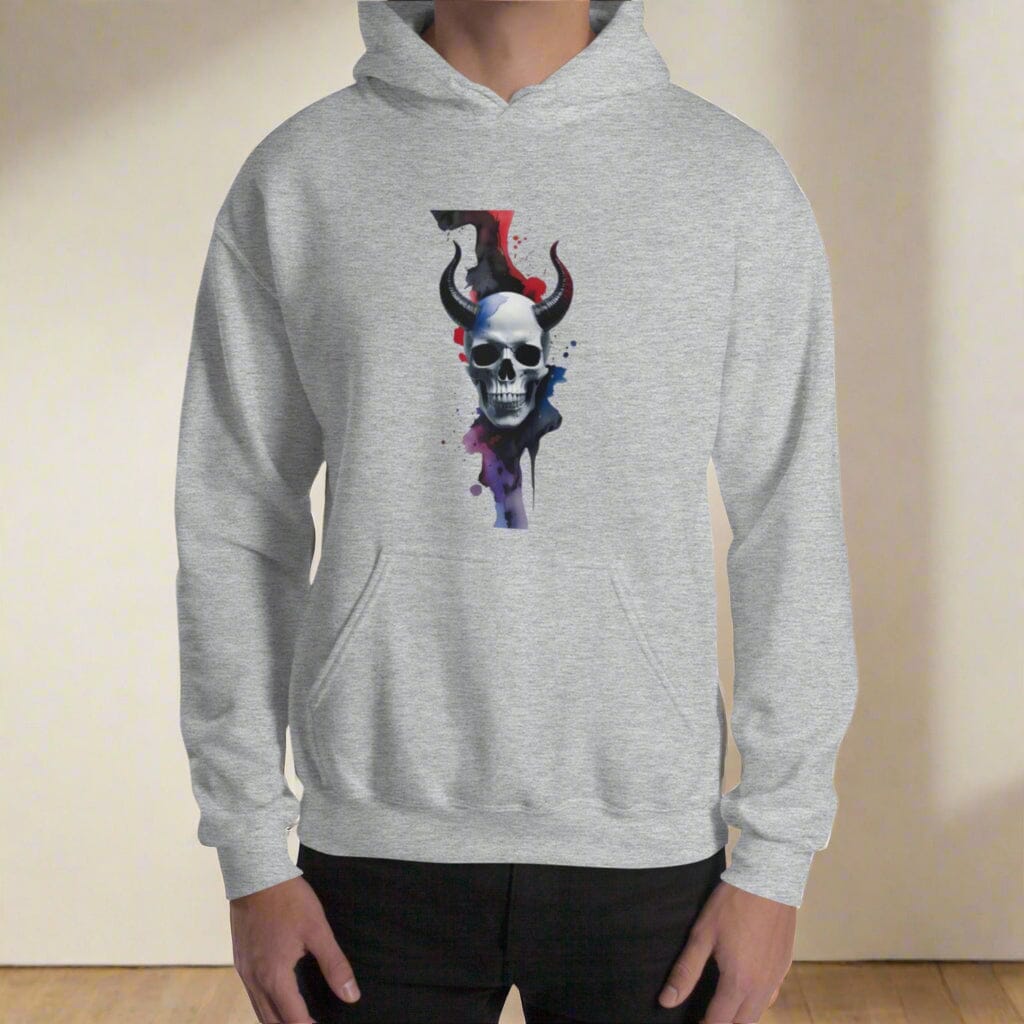 Skull with Devil Horns Hoodie - Paint Splash back Design Clothing Savvishly Savvique Sport Grey S 